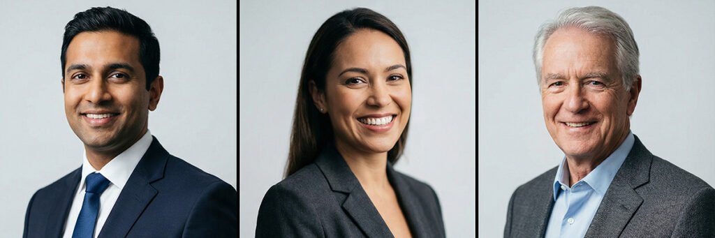 Three professional corporate headshot examples featuring diverse Oakville executives with studio lighting.